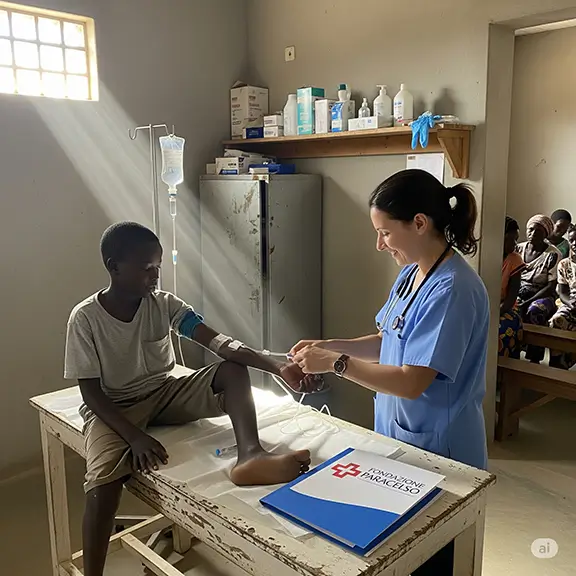 Dottoressa che cura un bambino del Burkina Faso